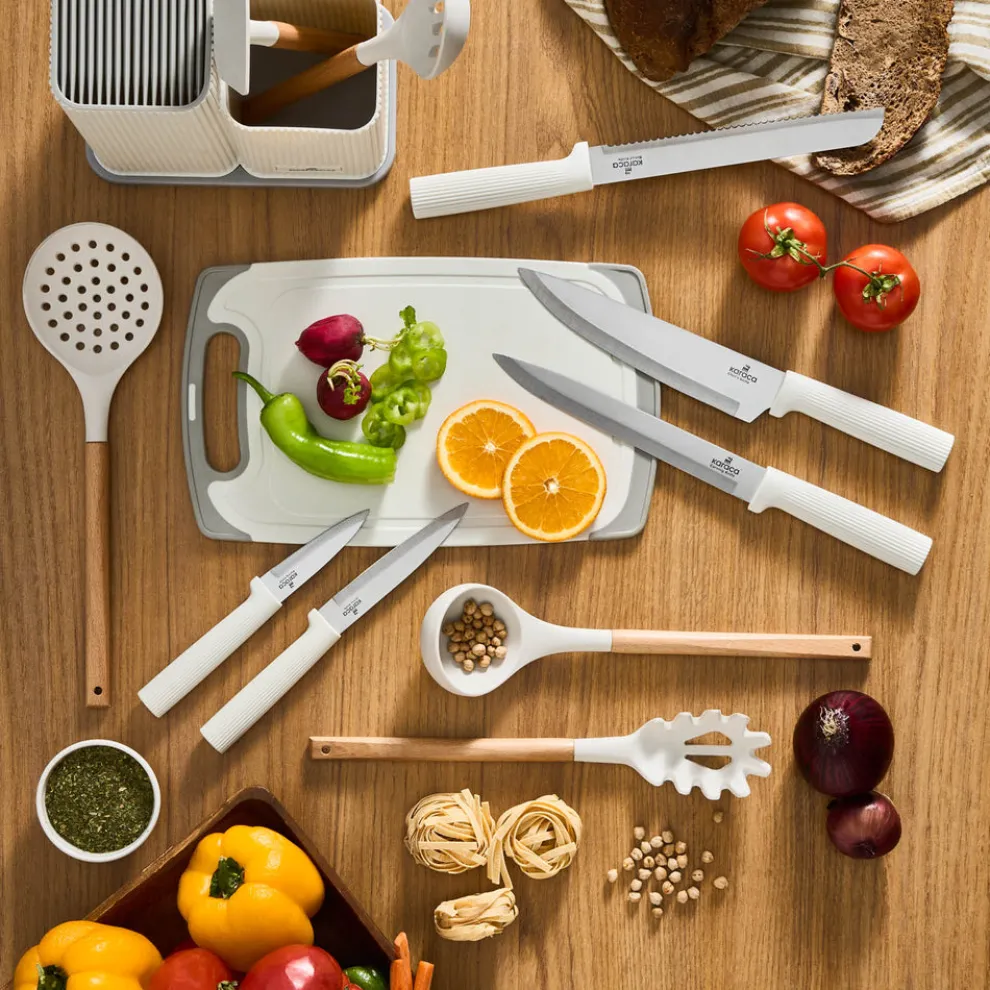 Karaca Massimo 12-Piece Knife Block Set, Chopping Board and Kitchen Utensil Set, Cream