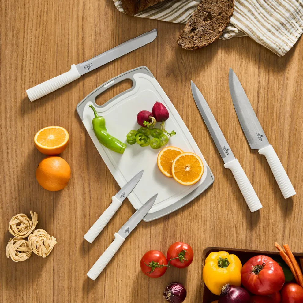 Karaca Massimo 12-Piece Knife Block Set, Chopping Board and Kitchen Utensil Set, Cream