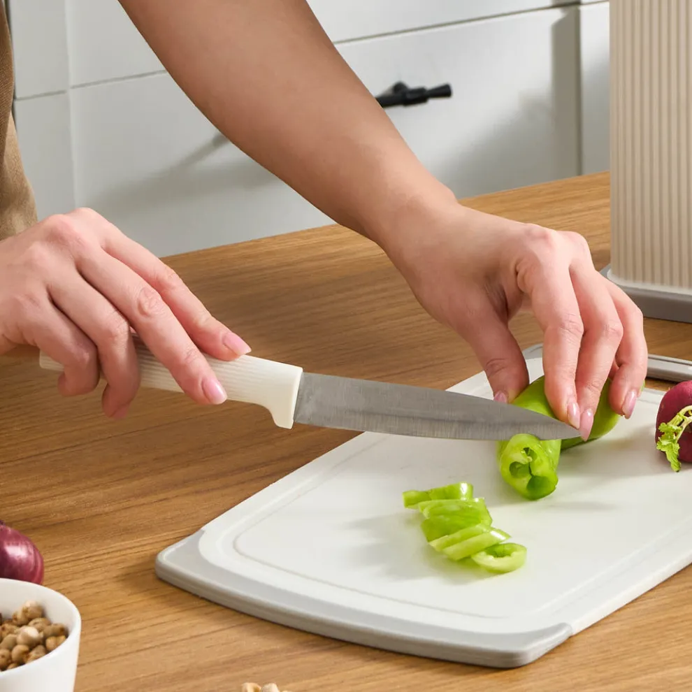 Karaca Massimo 12-Piece Knife Block Set, Chopping Board and Kitchen Utensil Set, Cream