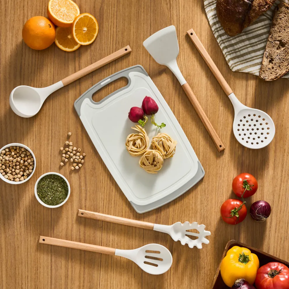 Karaca Massimo 12-Piece Knife Block Set, Chopping Board and Kitchen Utensil Set, Cream