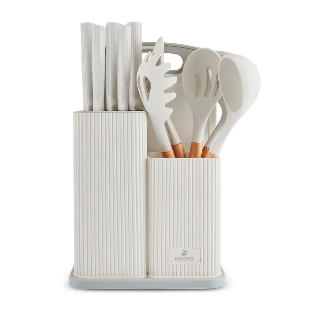 Karaca Massimo 12-Piece Knife Block Set, Chopping Board and Kitchen Utensil Set, Cream