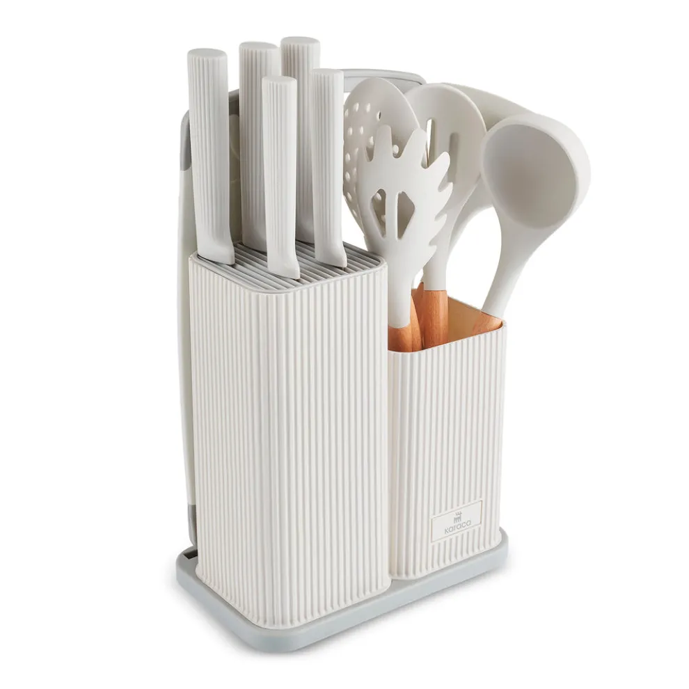 Karaca Massimo 12-Piece Knife Block Set, Chopping Board and Kitchen Utensil Set, Cream
