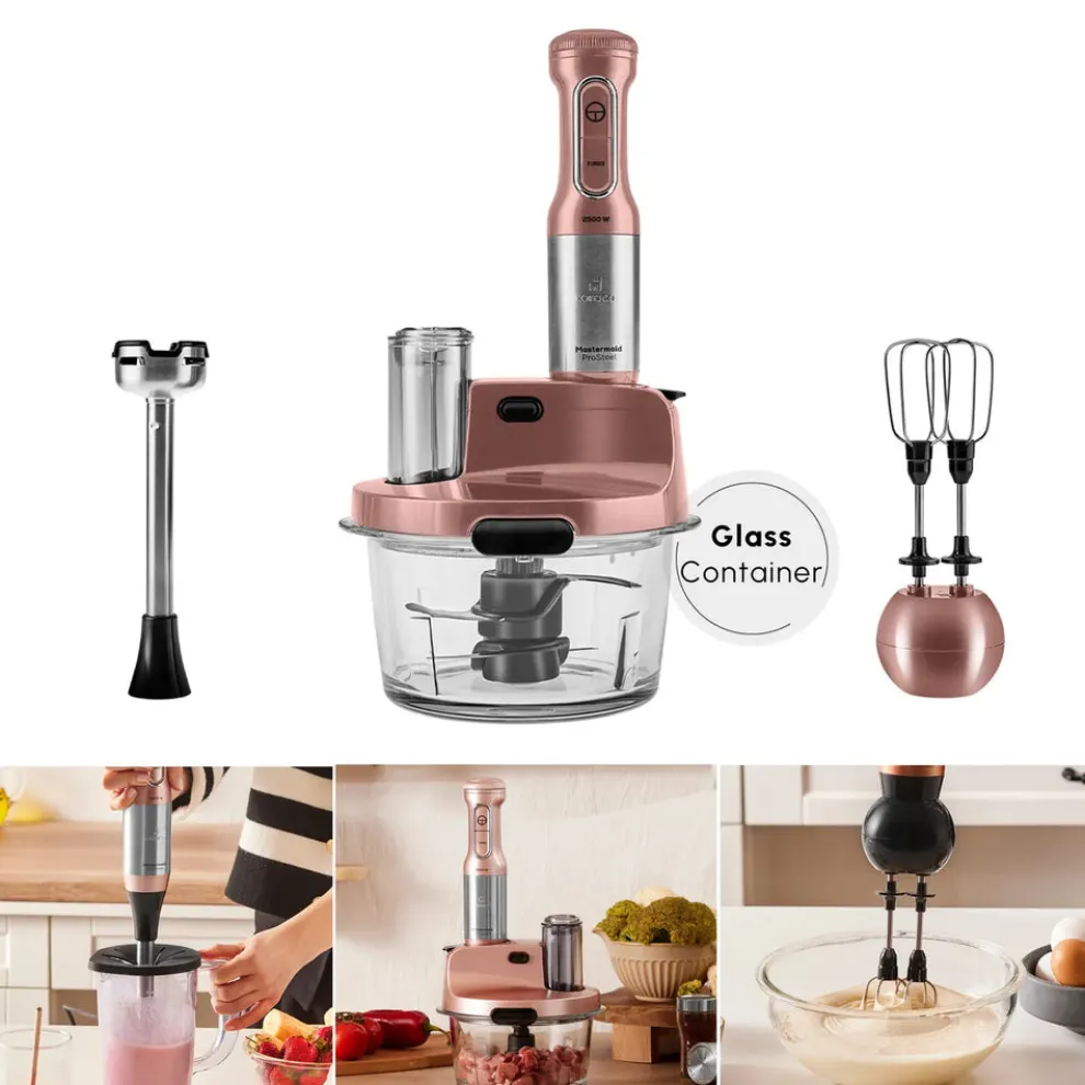 Karaca Mastermaid ProSteel Glass 8 in 1 Food Processor, 2500W, Rosegold
