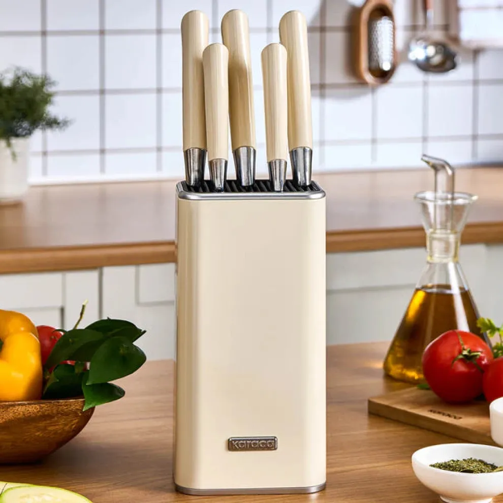 Karaca Mastersharp 6-Piece Stainless Steel Knife Set with Stand, 30cm, Ecru