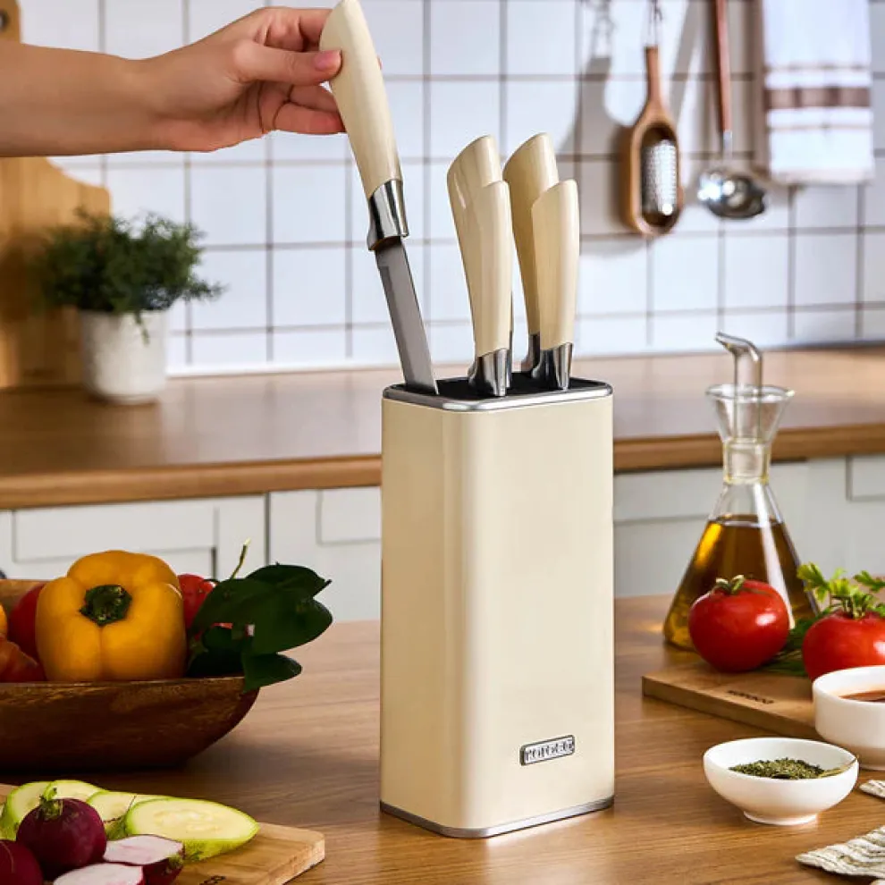 Karaca Mastersharp 6-Piece Stainless Steel Knife Set with Stand, 30cm, Ecru