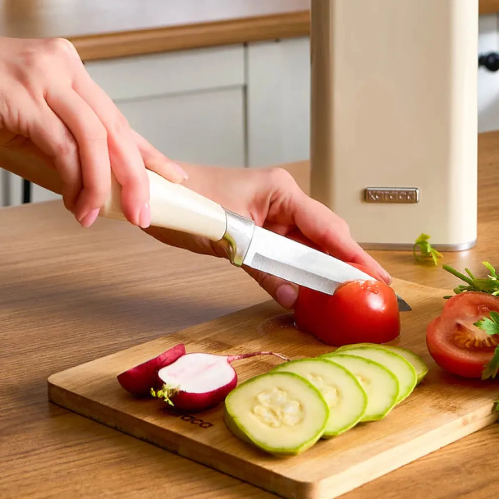 Karaca Mastersharp 6-Piece Stainless Steel Knife Set with Stand, 30cm, Ecru