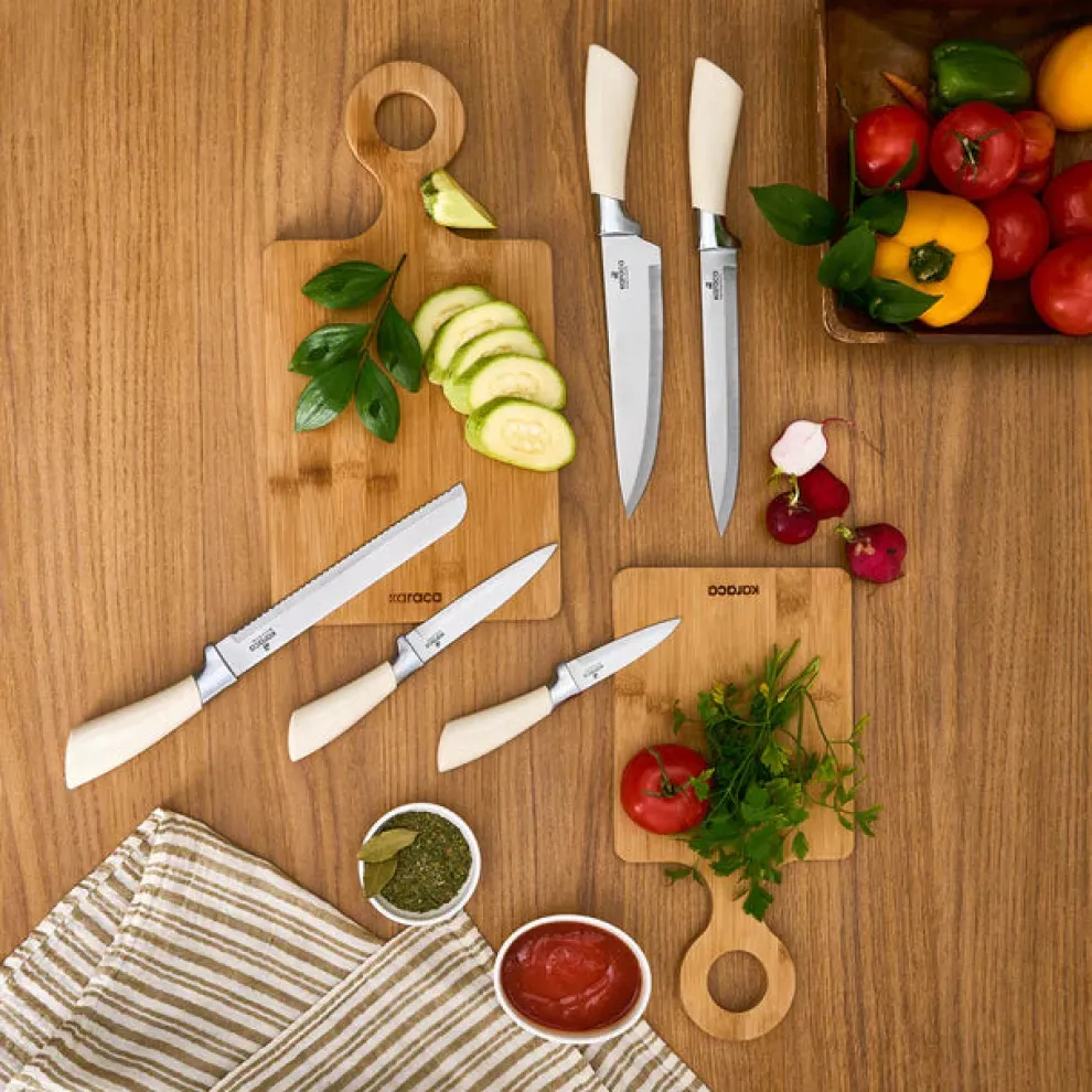 Karaca Mastersharp 6-Piece Stainless Steel Knife Set with Stand, 30cm, Ecru