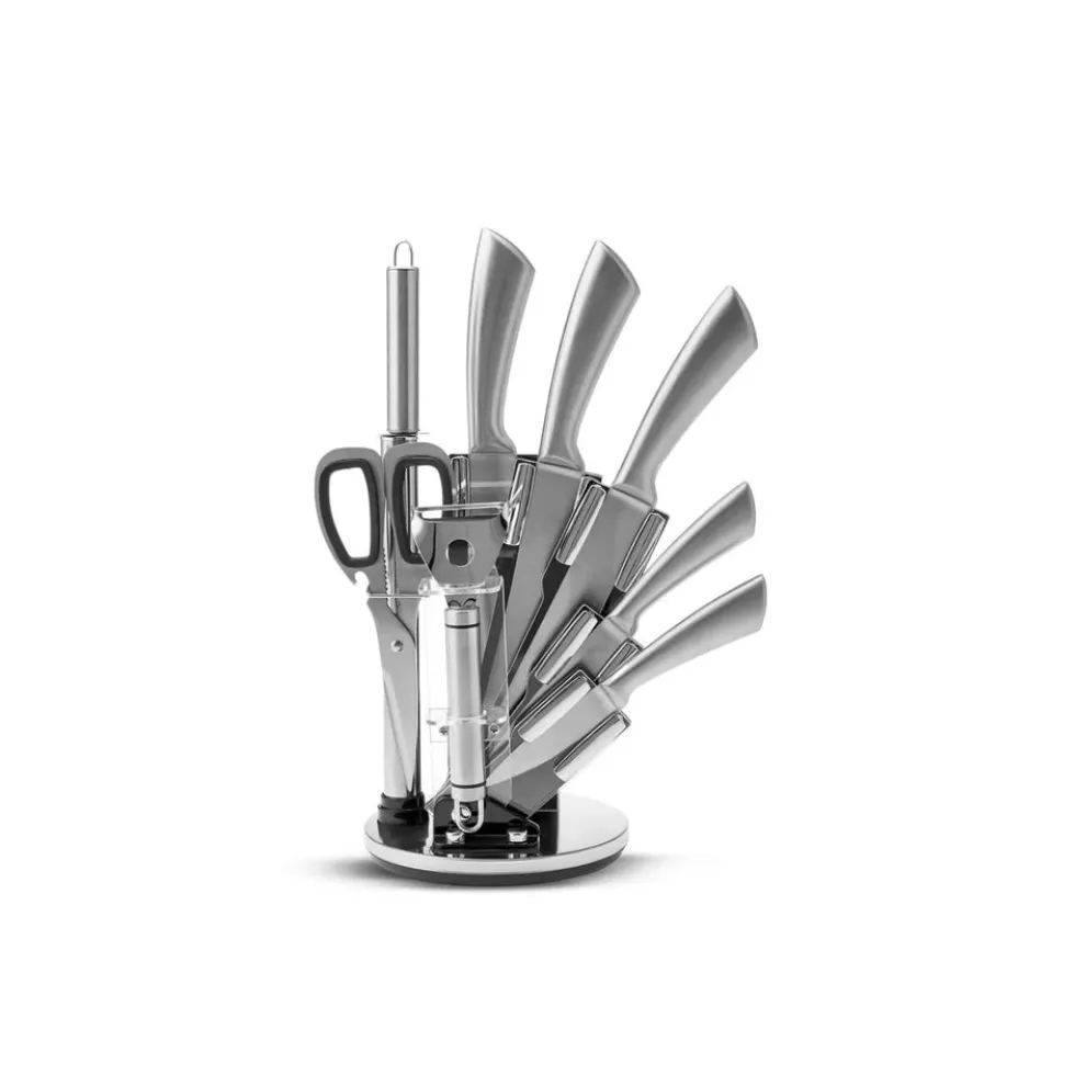 Karaca Meister Bremen 9-Piece German Stainless Steel Knife Set with Stand, Silver
