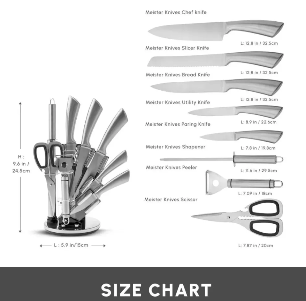 Karaca Meister Bremen 9-Piece German Stainless Steel Knife Set with Stand, Silver