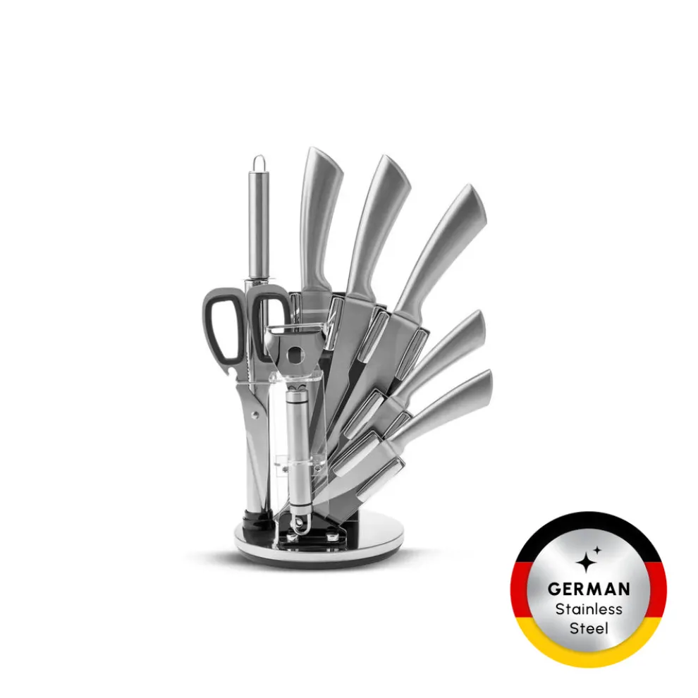 Karaca Meister Bremen 9-Piece German Stainless Steel Knife Set with Stand, Silver
