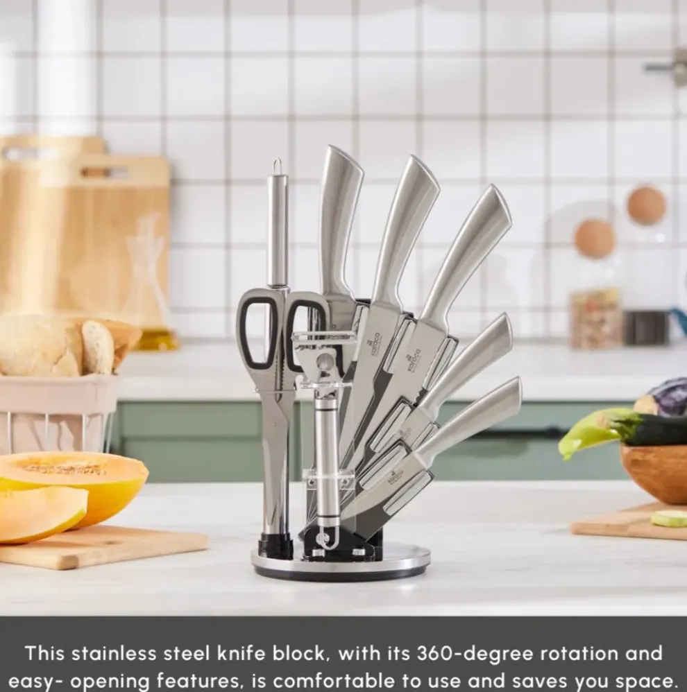 Karaca Meister Bremen 9-Piece German Stainless Steel Knife Set with Stand, Silver