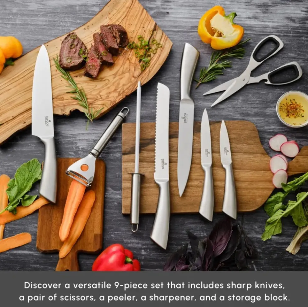 Karaca Meister Bremen 9-Piece German Stainless Steel Knife Set with Stand, Silver
