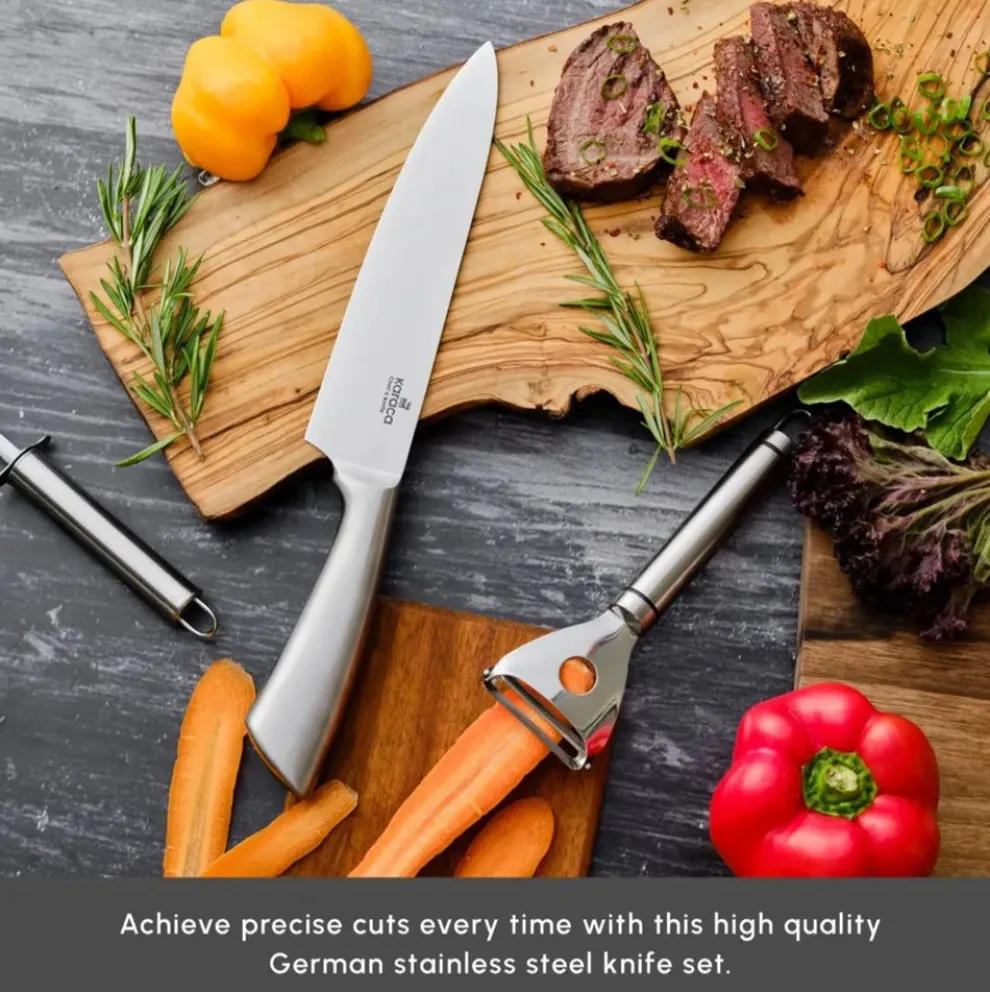 Karaca Meister Bremen 9-Piece German Stainless Steel Knife Set with Stand, Silver