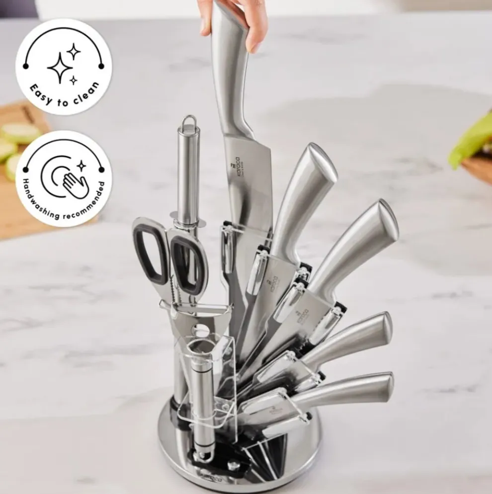 Karaca Meister Bremen 9-Piece German Stainless Steel Knife Set with Stand, Silver