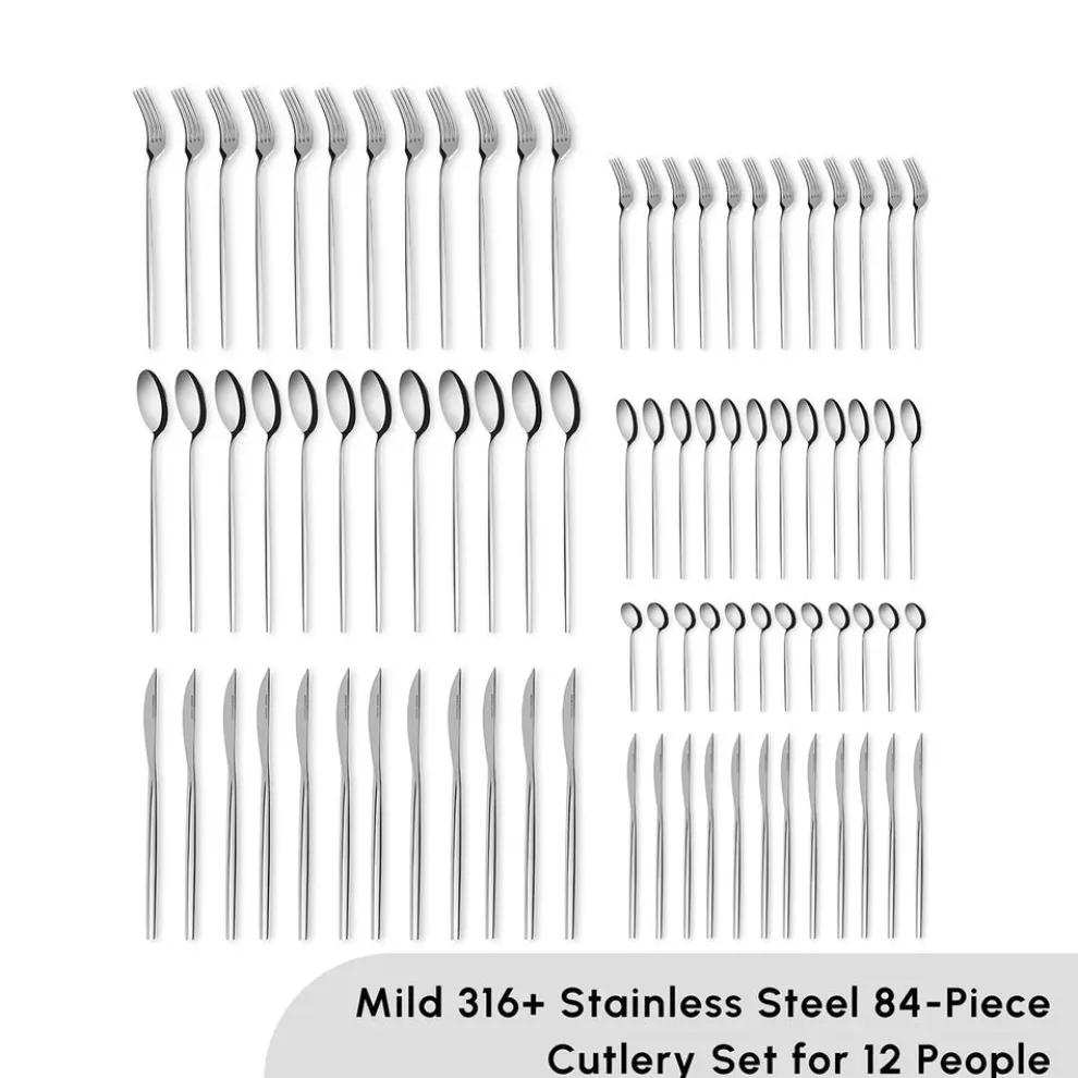 Karaca Mild 84-Piece 316+ Stainless Steel Cutlery Set for 12 People, Silver