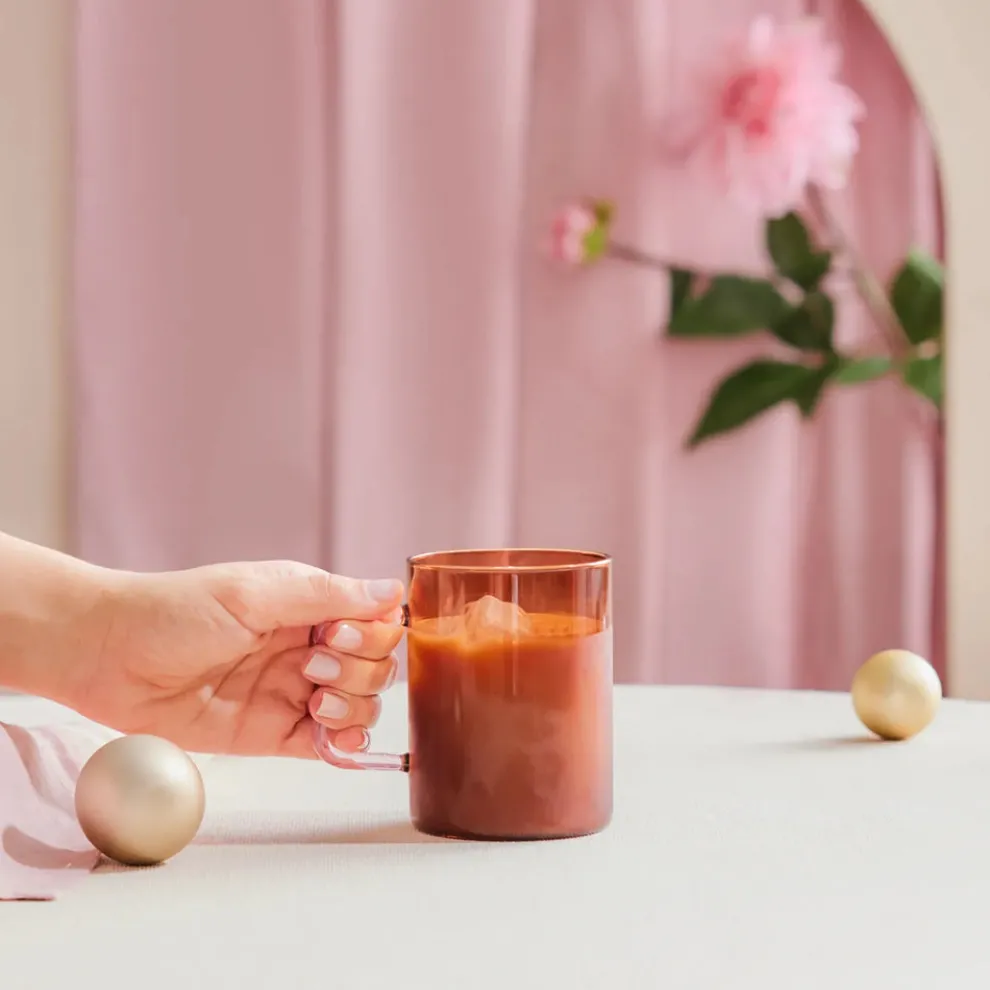 Karaca Miracle Glass Mug, 450ml, Amber Pink Zigzag