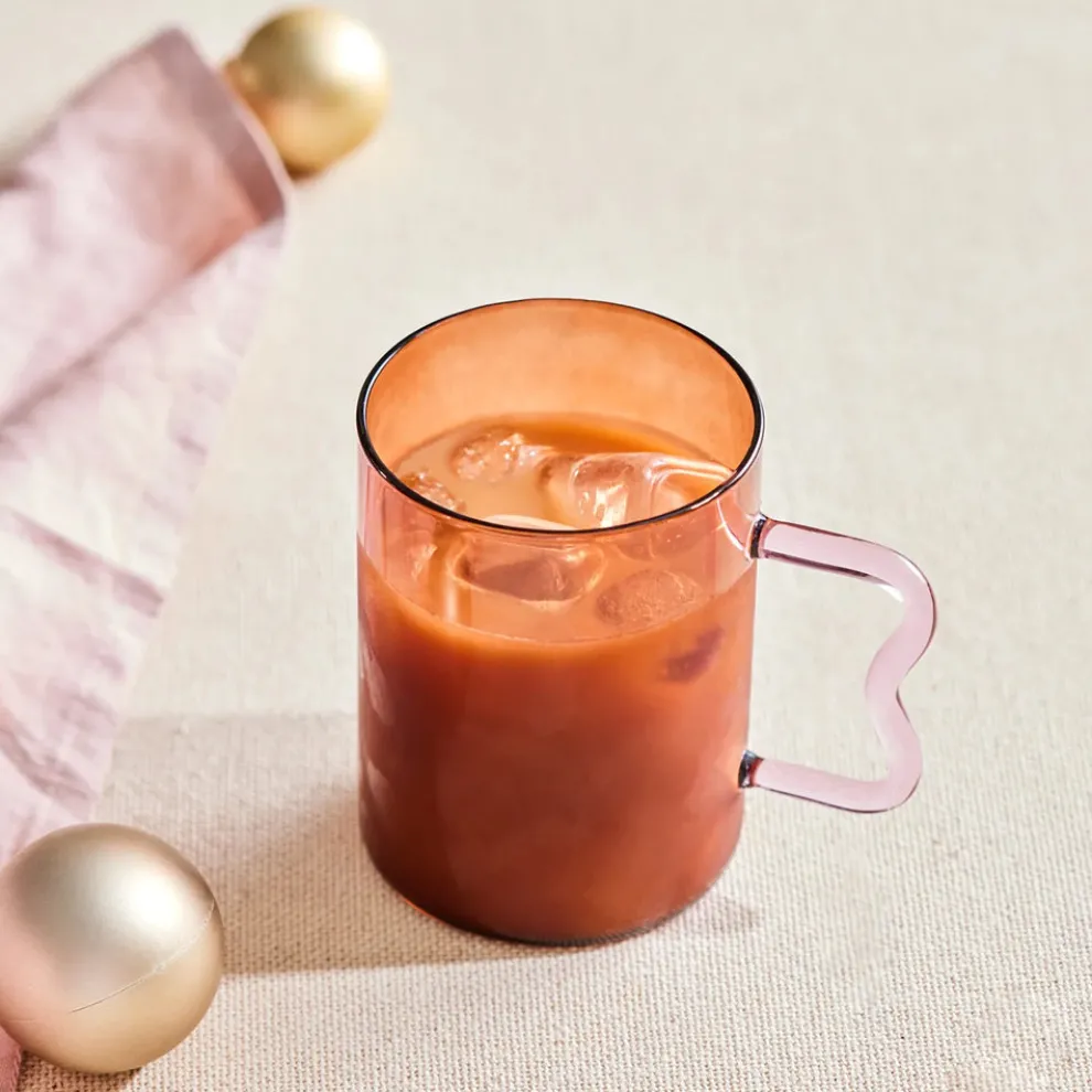 Karaca Miracle Glass Mug, 450ml, Amber Pink Zigzag