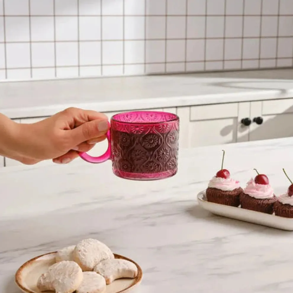 Karaca Miracle Glass Mug, 240ml, Pink Circle