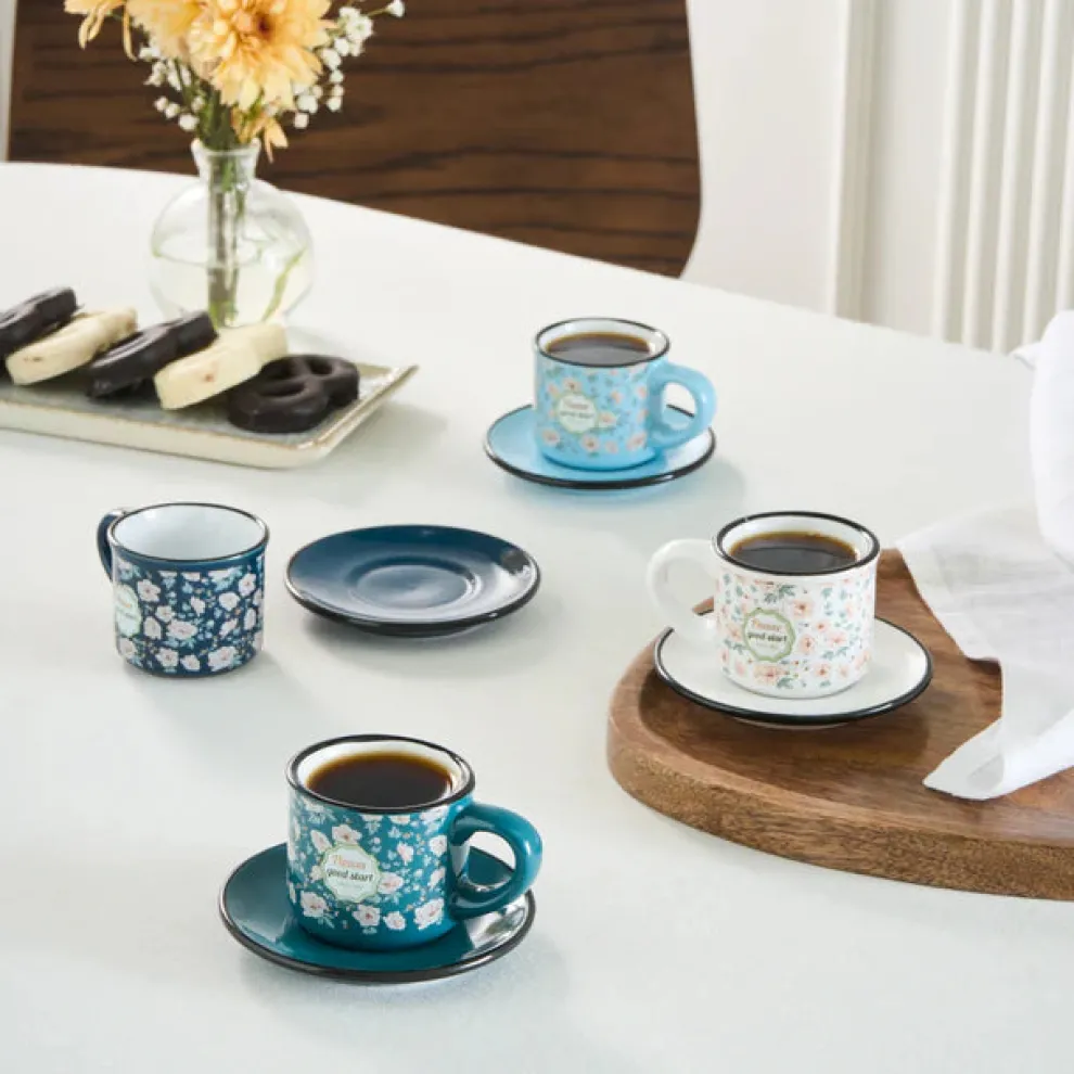 Karaca Monet 8-Piece Stoneware Espresso Turkish Coffee Cup Set for 4 People, 60ml, Multi