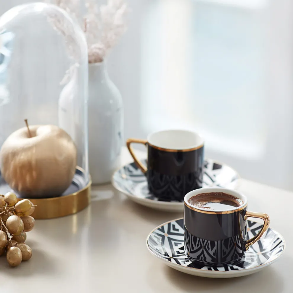 Karaca Monochrome 8 Piece Porcelain Espresso Turkish Coffee Cup Set for 4 People, 90ml, Black White Gold