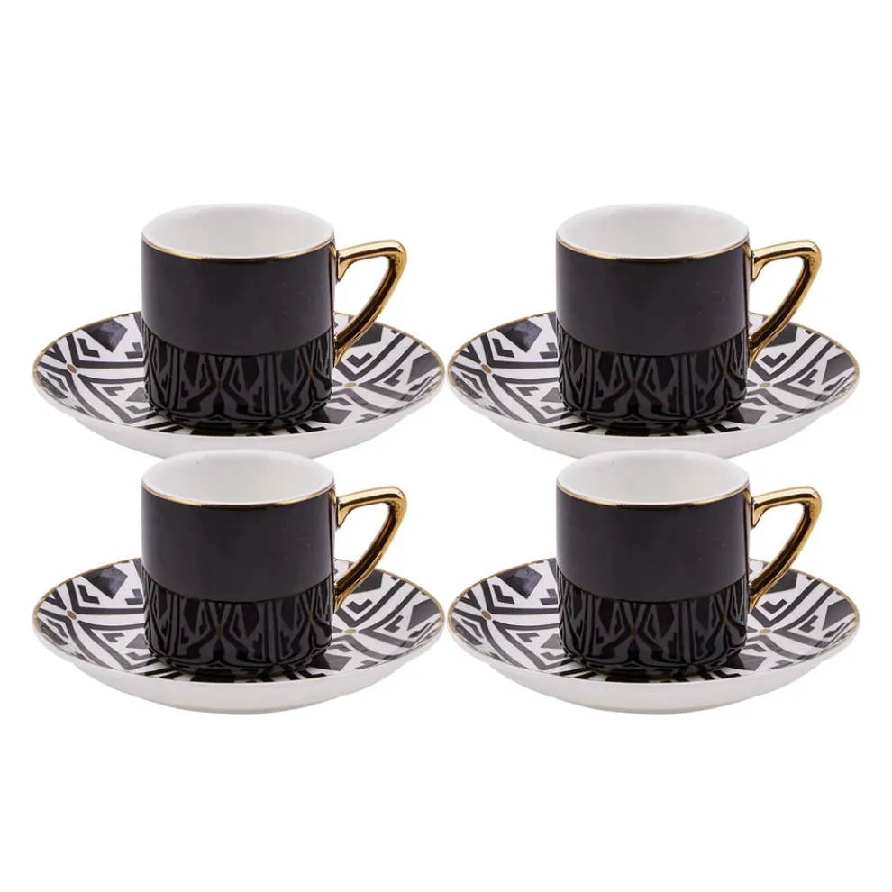 Karaca Monochrome 8 Piece Porcelain Espresso Turkish Coffee Cup Set for 4 People, 90ml, Black White Gold
