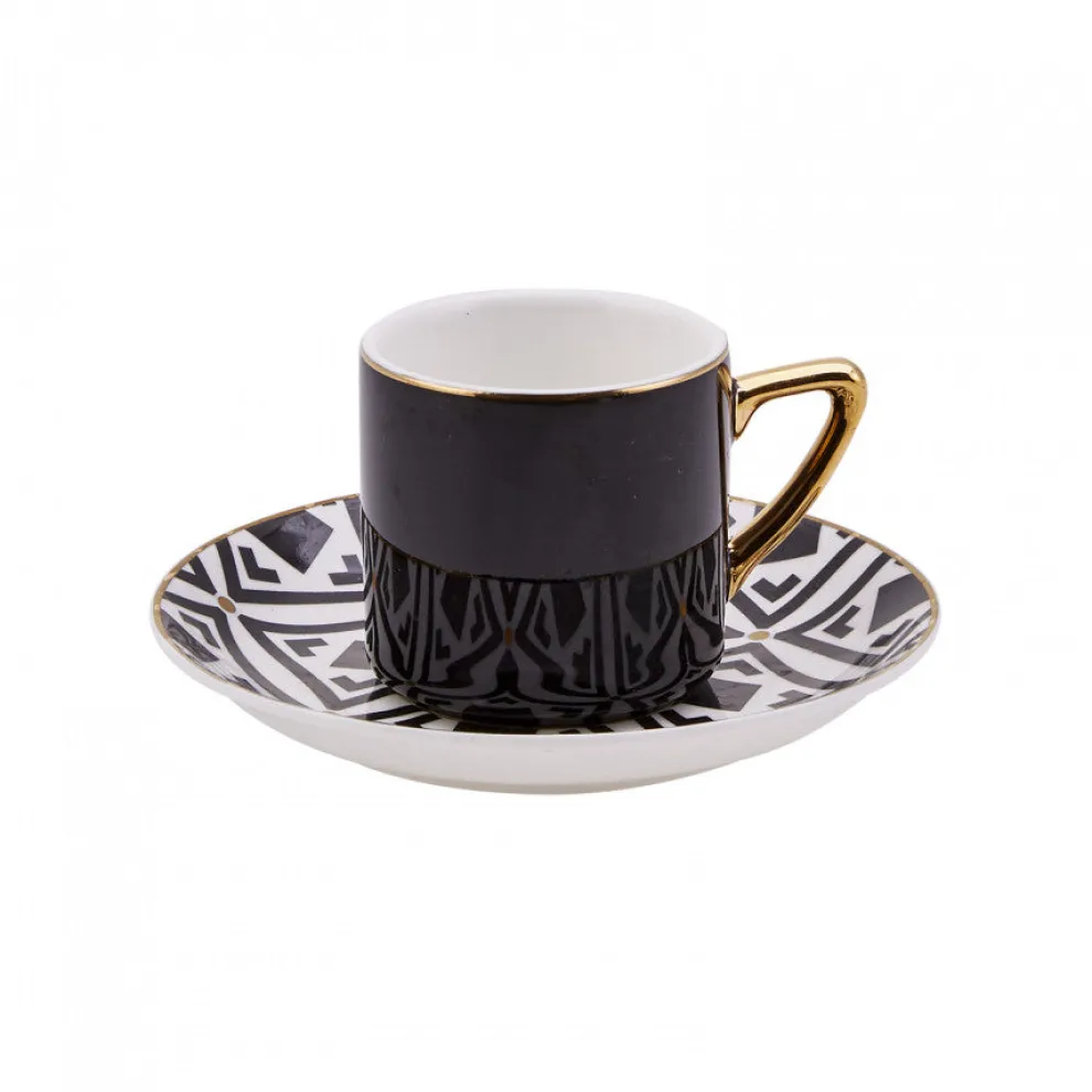 Karaca Monochrome 8 Piece Porcelain Espresso Turkish Coffee Cup Set for 4 People, 90ml, Black White Gold