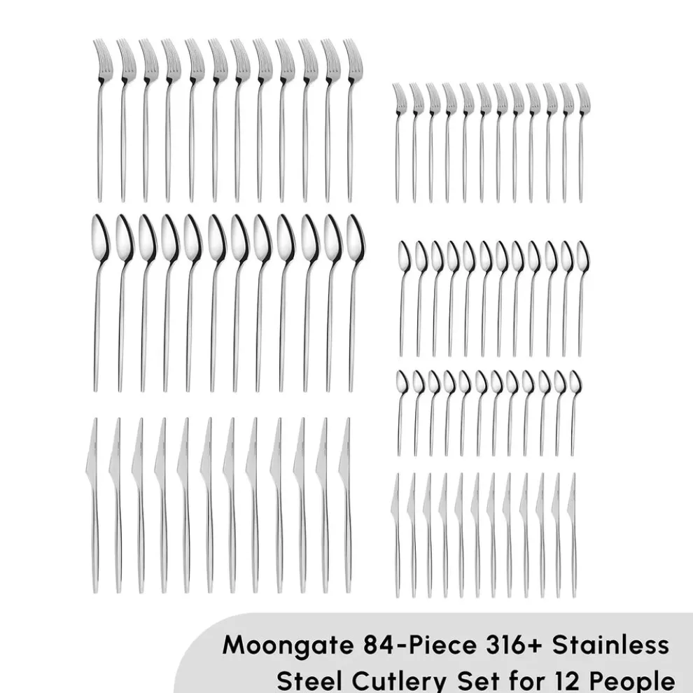 Karaca Moongate 84-Piece 316+ Stainless Steel Cutlery Set for 12 People, Silver
