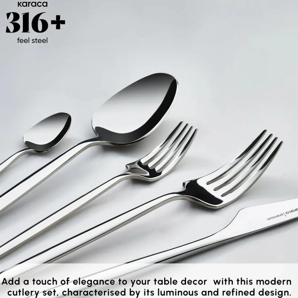 Karaca Moongate 84-Piece 316+ Stainless Steel Cutlery Set for 12 People, Silver