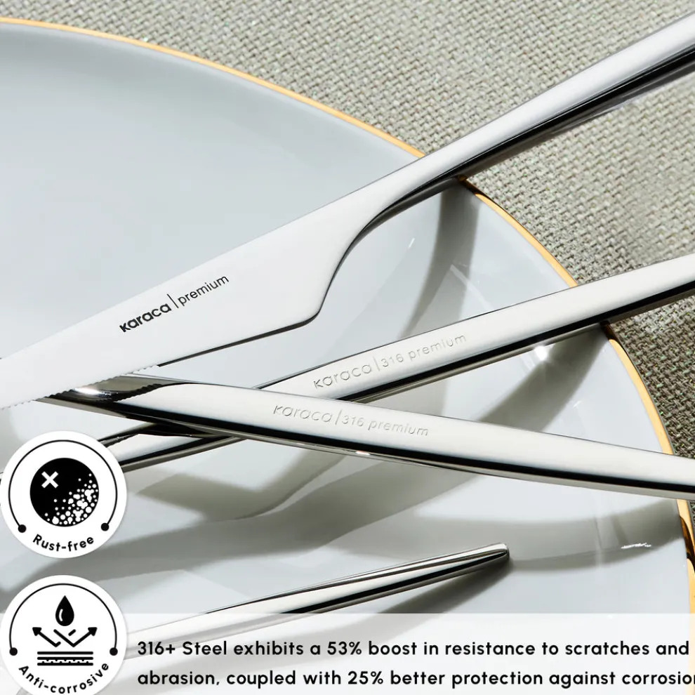 Karaca Moongate 84-Piece 316+ Stainless Steel Cutlery Set for 12 People, Silver
