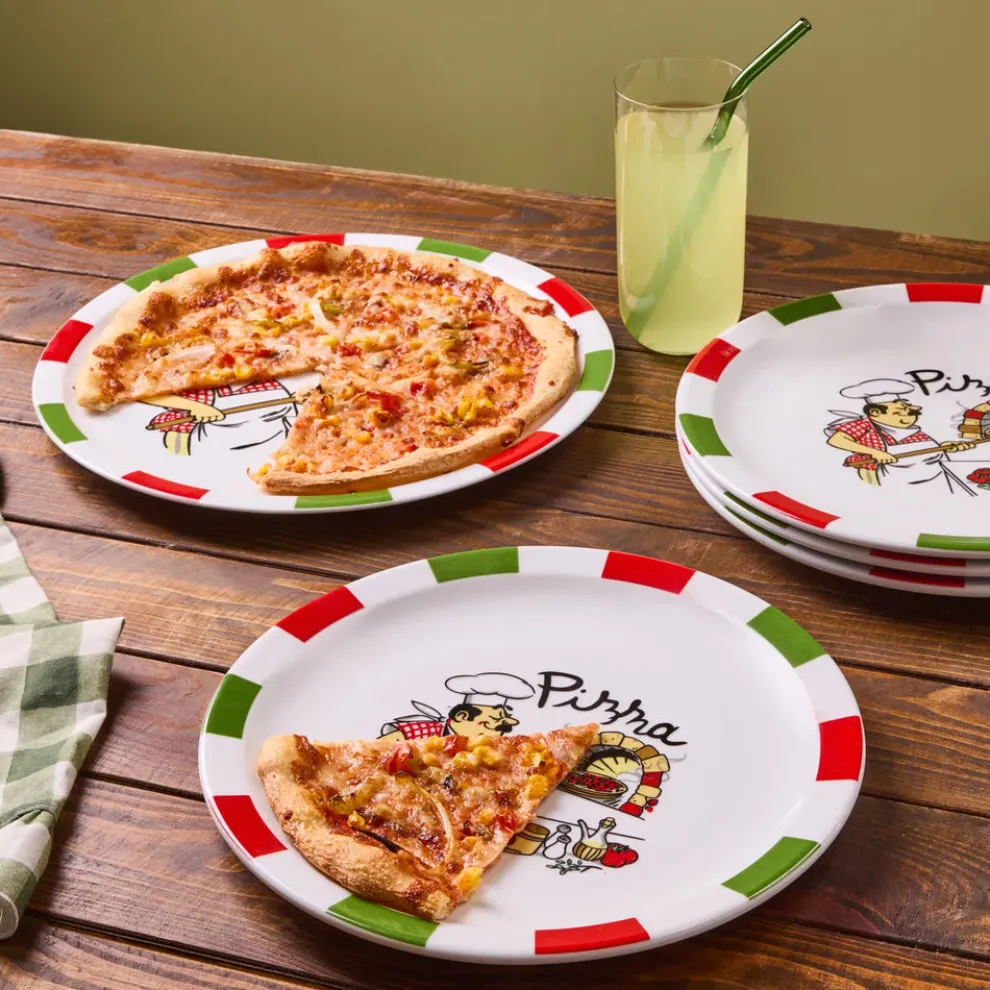 Karaca Napoly 5-Piece Porcelain Pizza Set for 4 People, White Multi