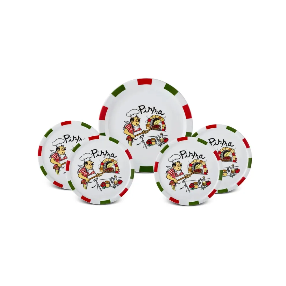 Karaca Napoly 5-Piece Porcelain Pizza Set for 4 People, White Multi