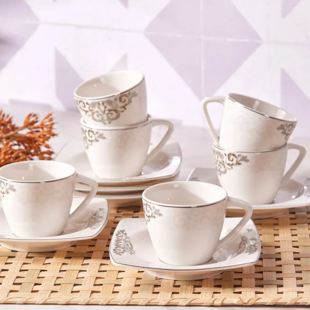 Karaca Nazende 12 Piece Porcelain Espresso Turkish Coffee Cup Set for 6 People, 80ml, White Platinum