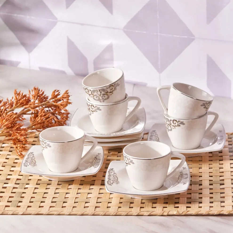 Karaca Nazende 12 Piece Porcelain Espresso Turkish Coffee Cup Set for 6 People, 80ml, White Platinum