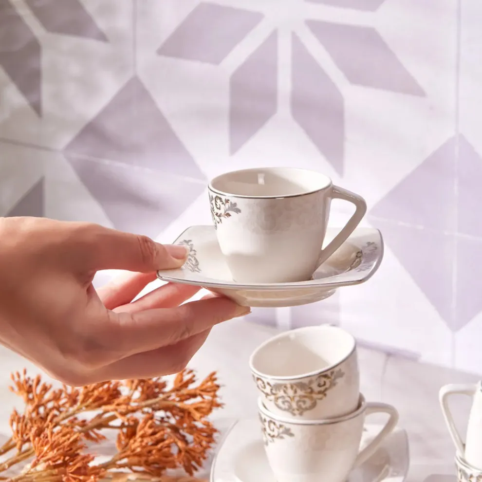 Karaca Nazende 12 Piece Porcelain Espresso Turkish Coffee Cup Set for 6 People, 80ml, White Platinum