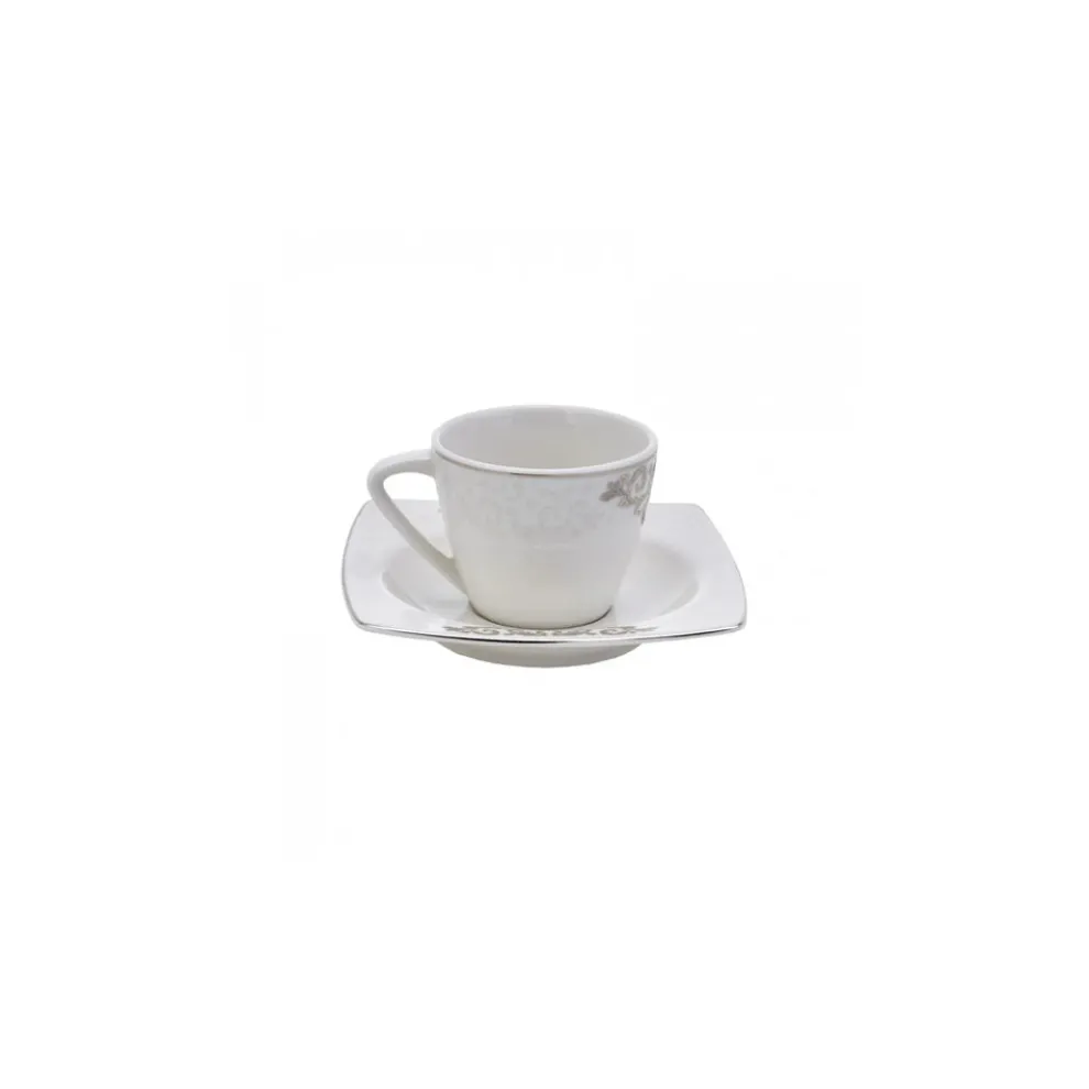 Karaca Nazende 12 Piece Porcelain Espresso Turkish Coffee Cup Set for 6 People, 80ml, White Platinum