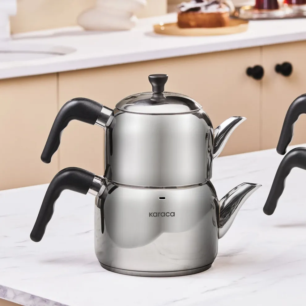 Karaca Nero Stainless Steel Midi Size Teapot Set, Large, Silver