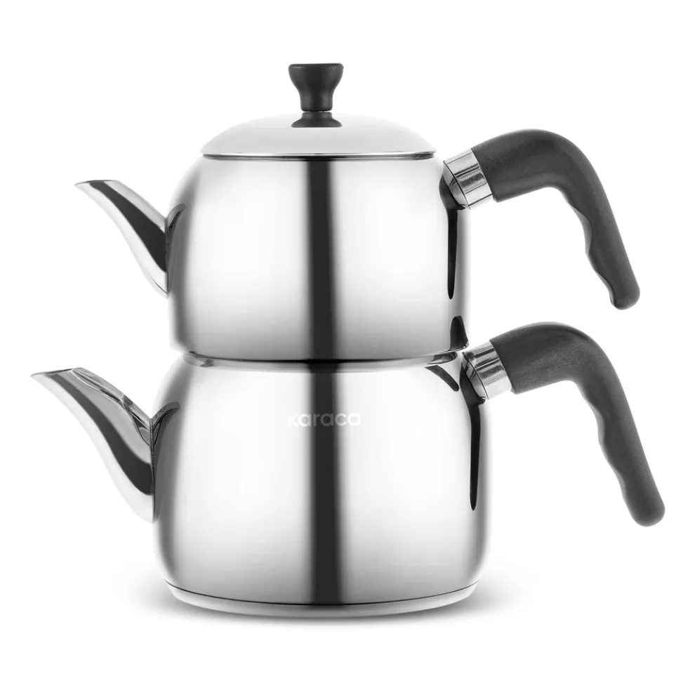 Karaca Nero Stainless Steel Midi Size Teapot Set, Large, Silver