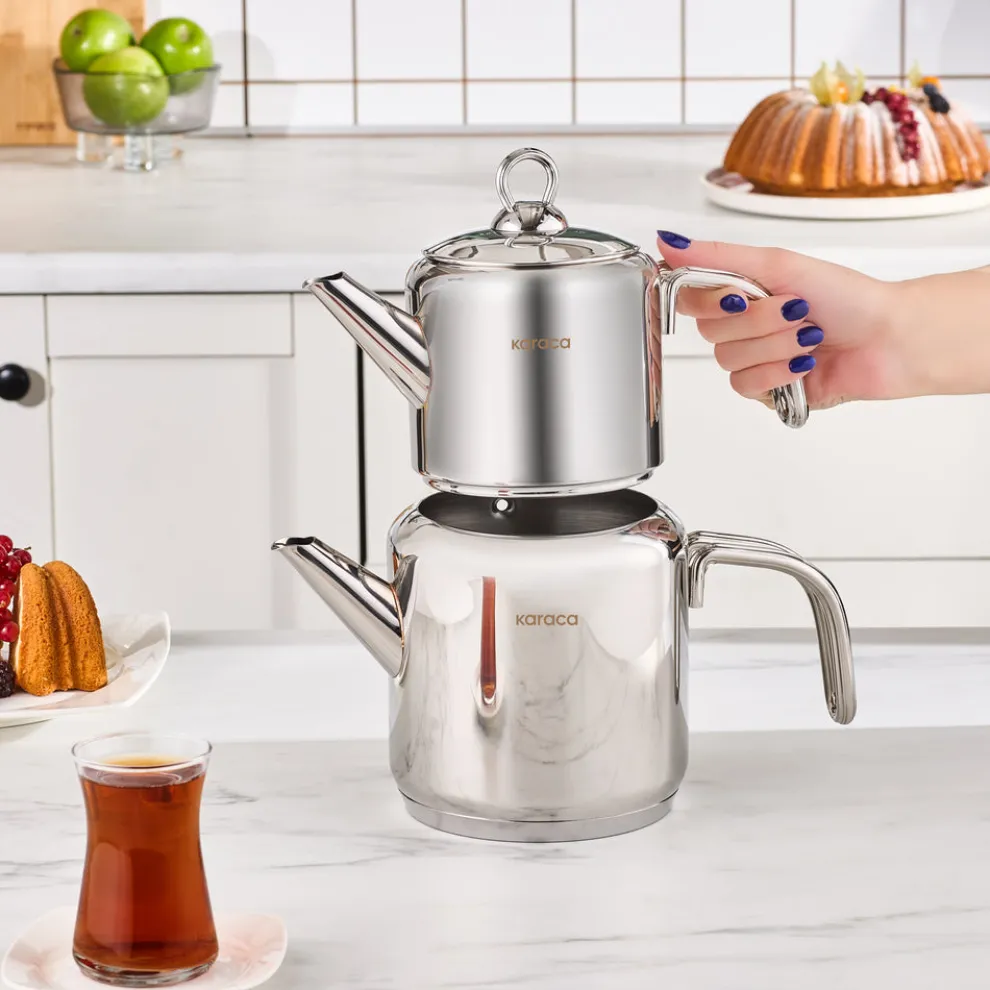 Karaca New Mani Stainless Steel Midi Size Teapot Set, Large, Silver