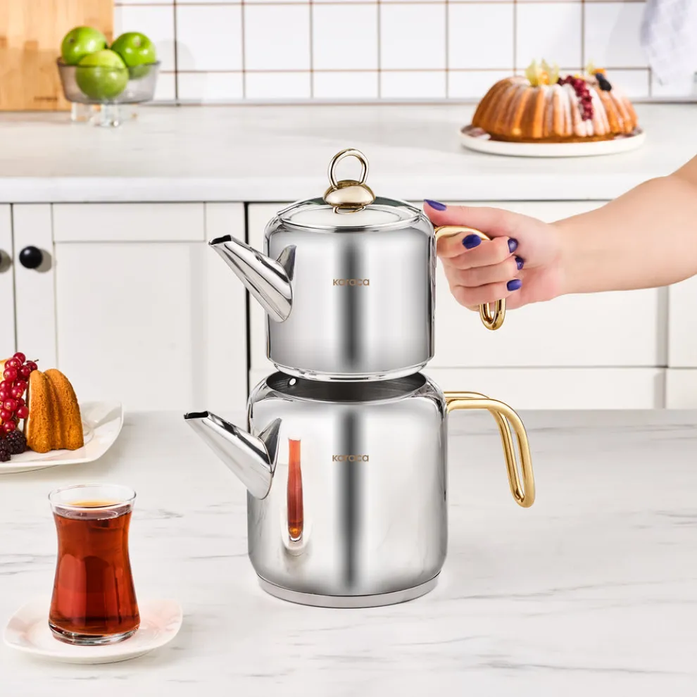 Karaca New Mira Midi Size Stainless Steel Teapot Set, Large, Gold
