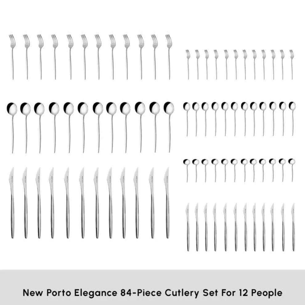 Karaca New Porto Elegance 84-Piece Stainless Steel Cutlery Set for 12 People, Silver