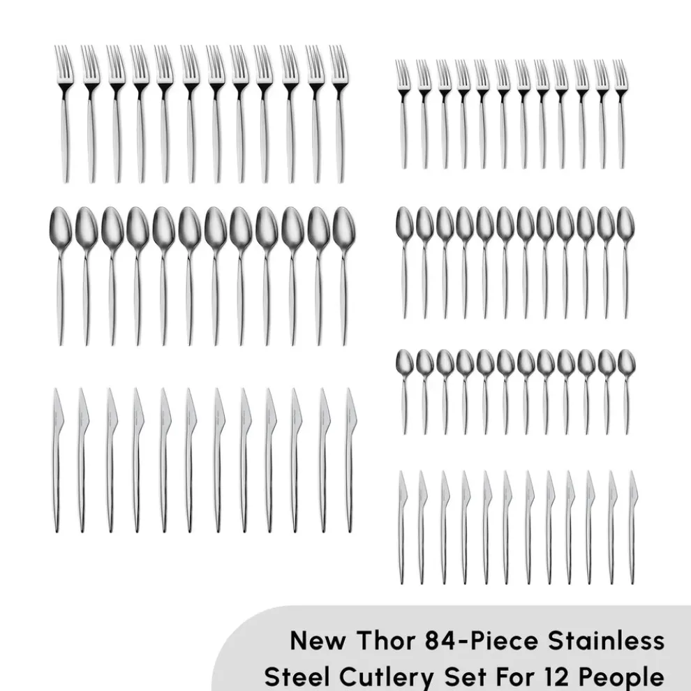 Karaca New Thor 84-Piece Stainless Steel Cutlery Set for 12 People, Silver