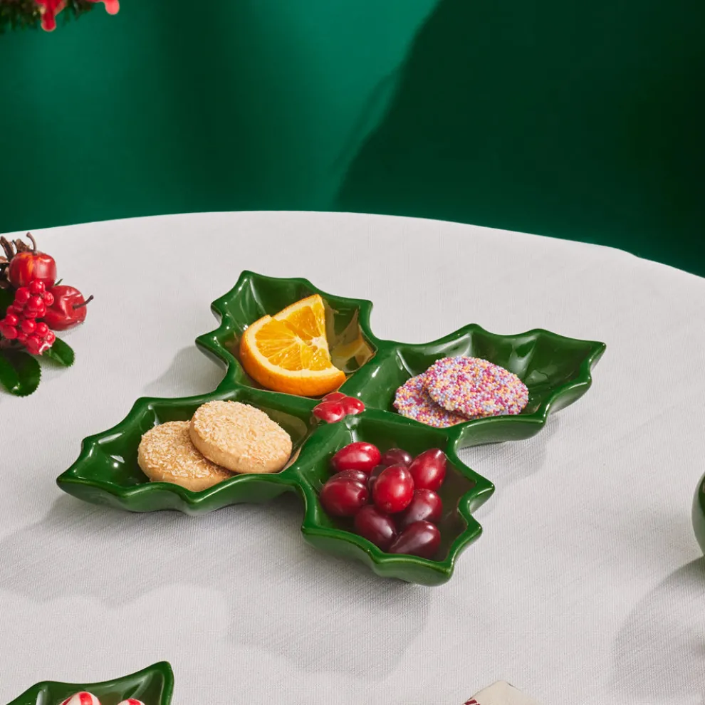 Karaca New Year Butcher's Broom 4-Section Snack Bowl, 18cm, Green