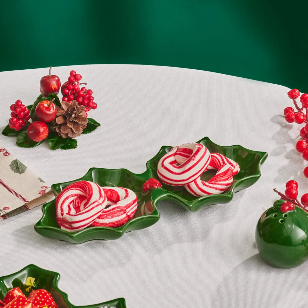 Karaca New Year Butcher's Broom 2-Section Snack Bowl, 18cm, Green