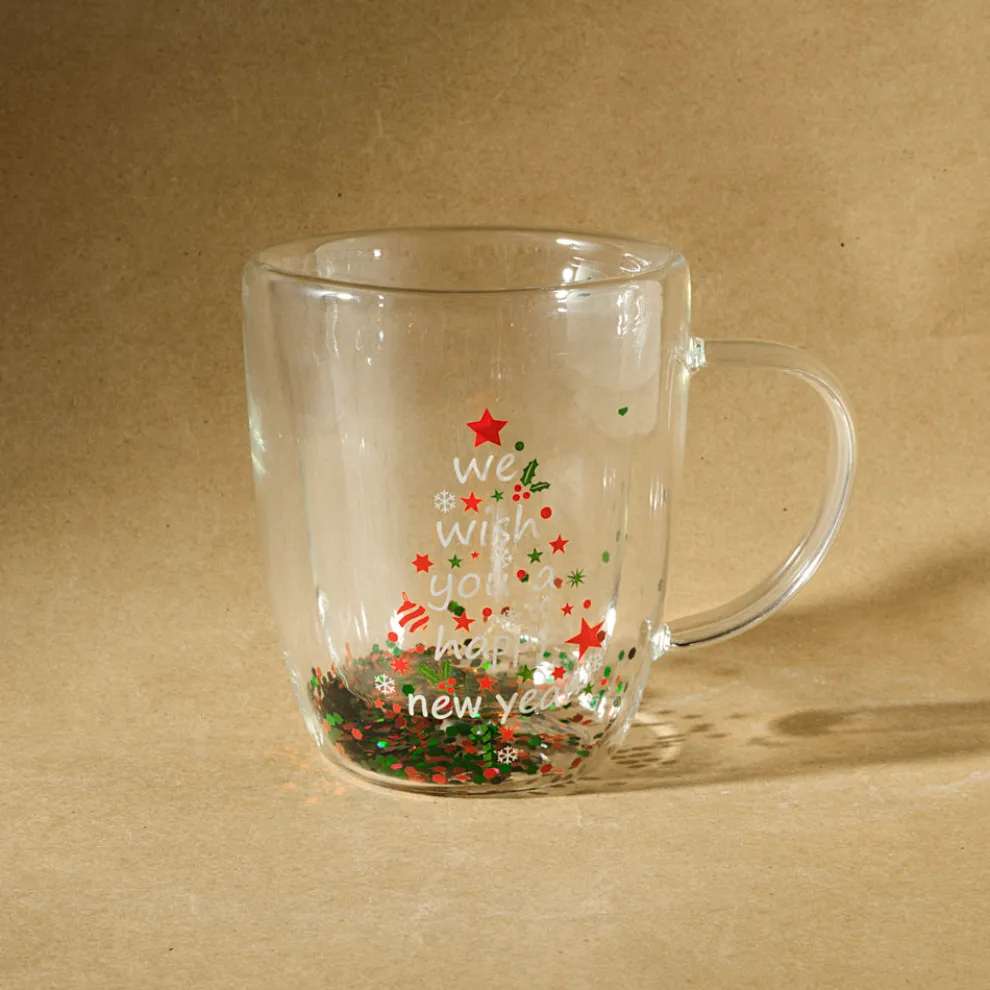 Karaca New Year Christmas Pia Double Trimmed Tree Mug, 350ml, Clear
