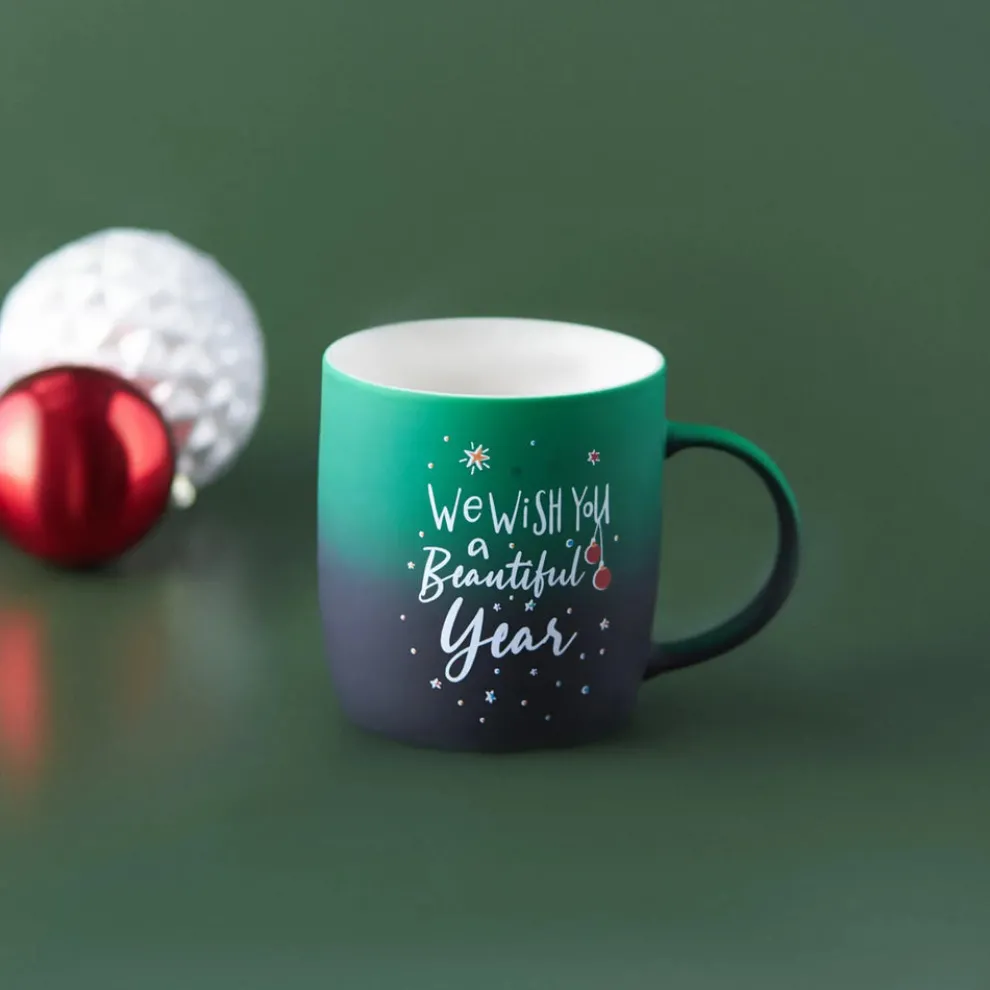 Karaca New Year Christmas Soft Touch Porcelain Mug, 340ml, Green Multi