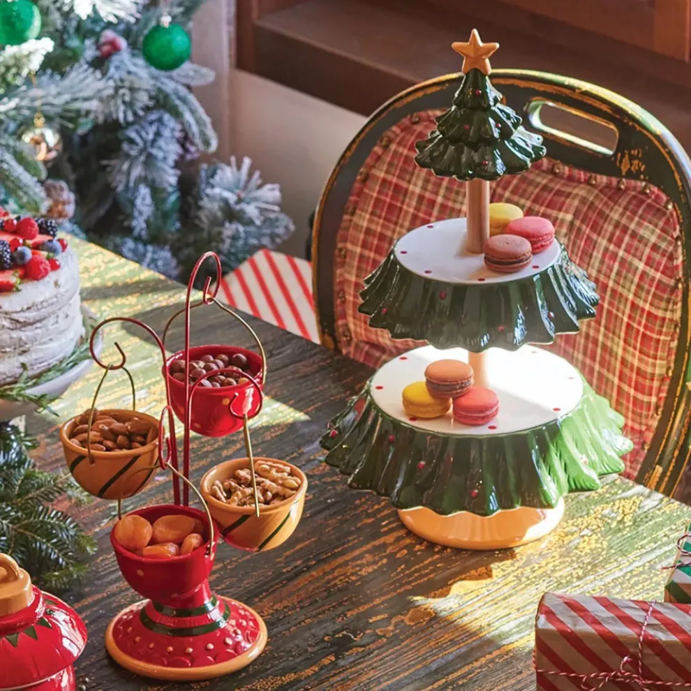 Karaca New Year Christmas Tree Ceramic 3-Tier Cake Stand, 44cm, Multi