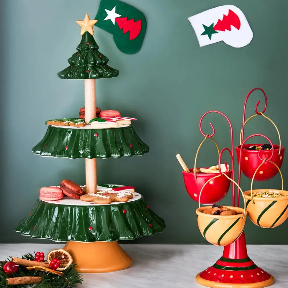 Karaca New Year Christmas Tree Ceramic 3-Tier Cake Stand, 44cm, Multi