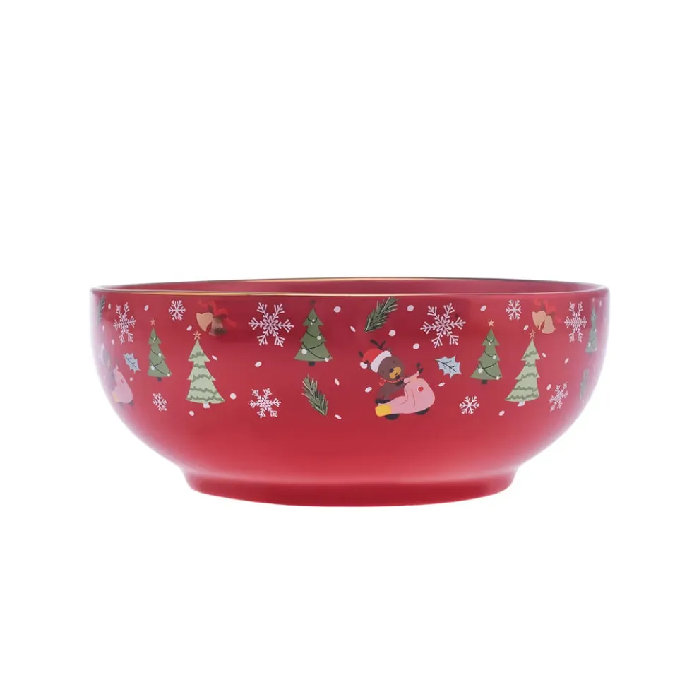 Karaca New Year Christmas New Generation Bone Golden Line Serving Bowl, 20cm, Red Multi