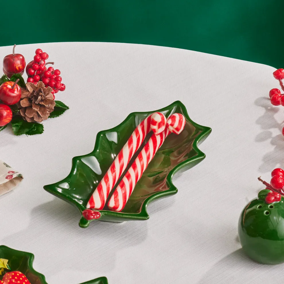 Karaca New Year Christmas Butcher's Broom Serving Platter, 22cm, Green