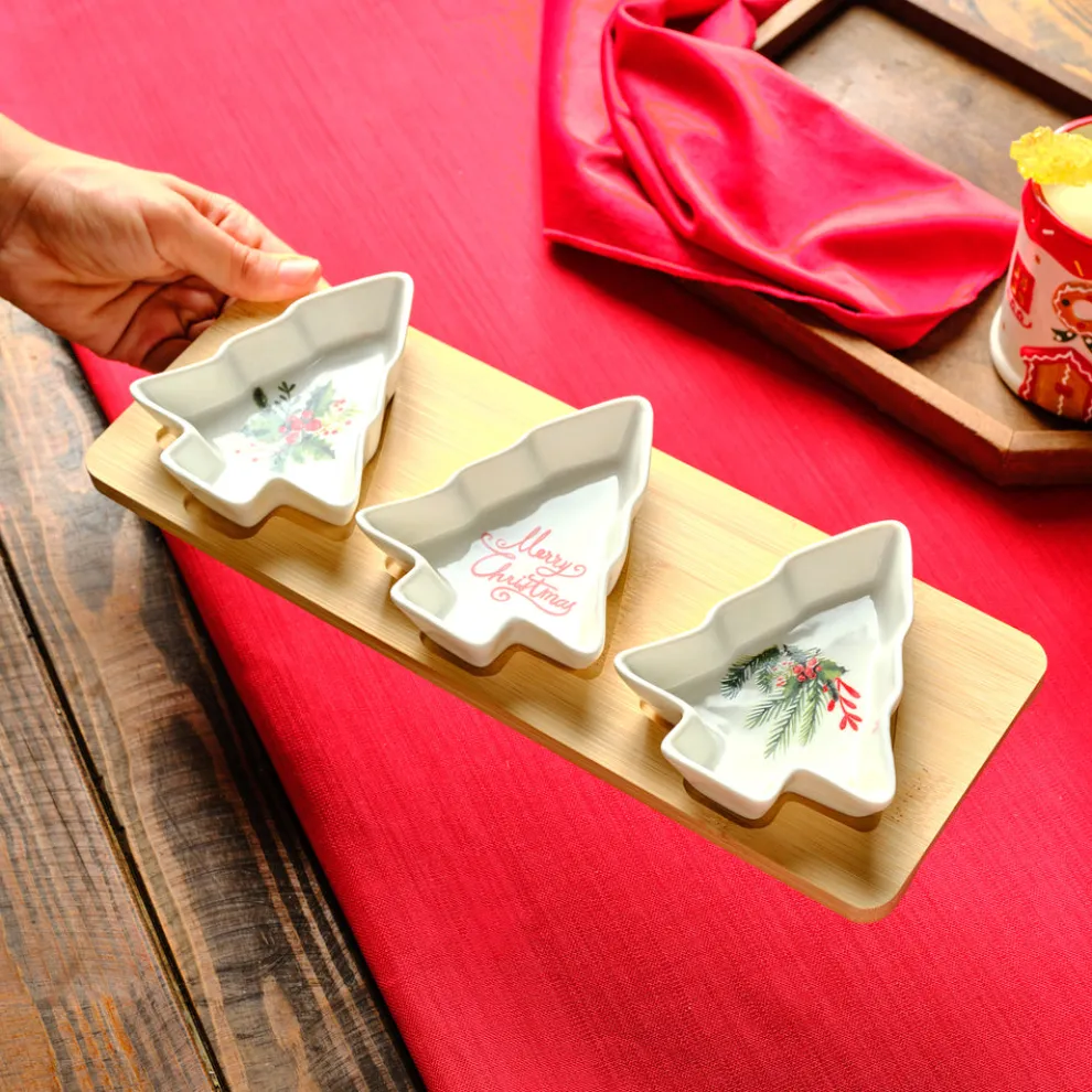 Karaca New Year Christmas 3-Piece Bamboo Pine Tree Snack Bowl, Multi